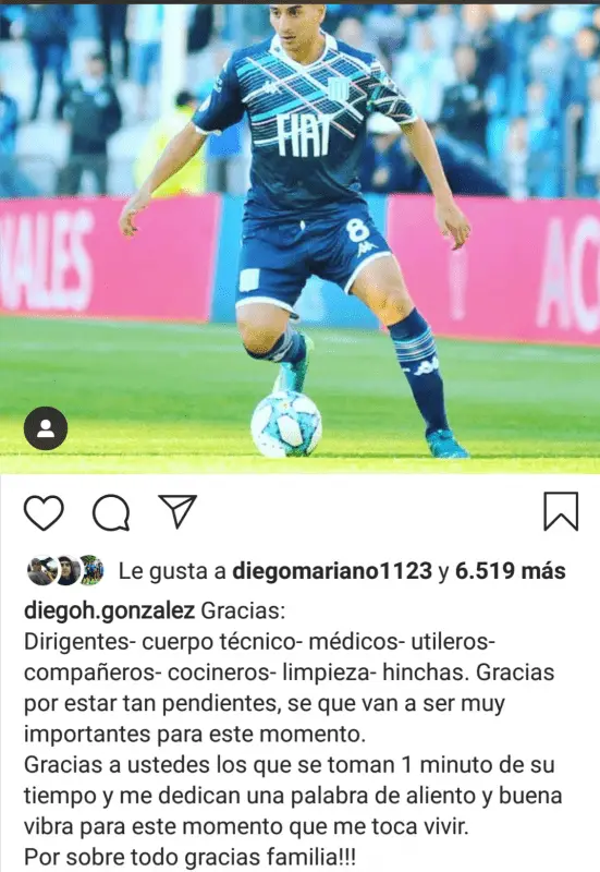 El mensaje del volante de Racing en su cuenta de Instagram (Diegoh.gonzalez)