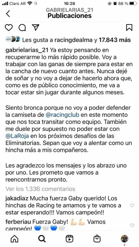 El mensaje de Arias tras su lesión.