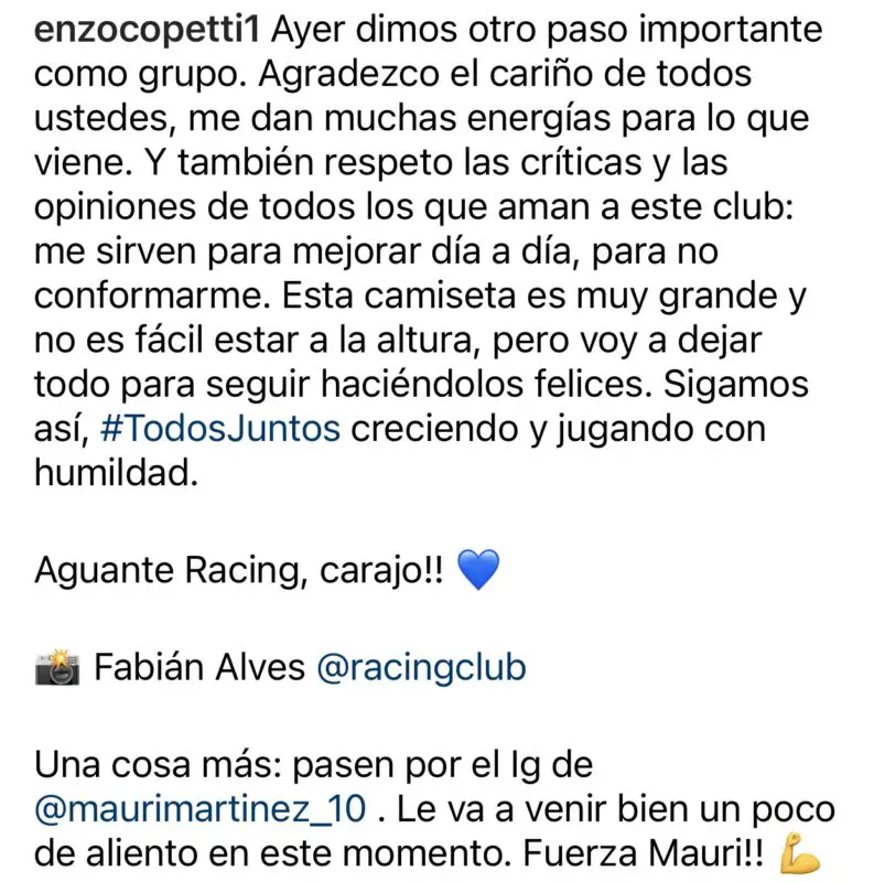 Racing Copetti mensaje 