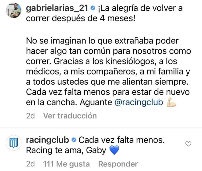 Racing Arias mensaje lesión  