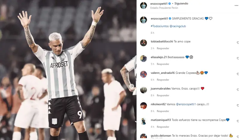 Enzo Copetti y su agradecimiento en Racing tras la ovación