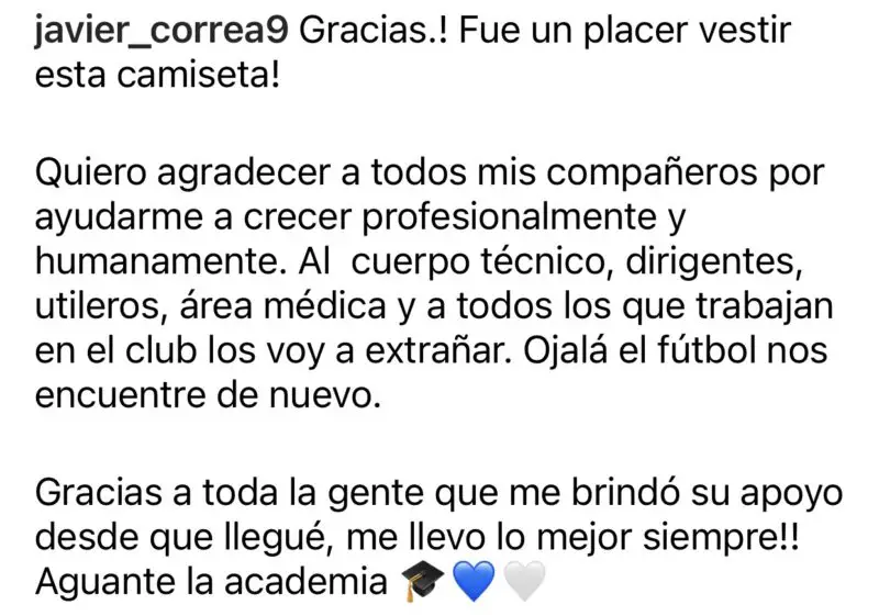 Racing Correa mensaje despedida