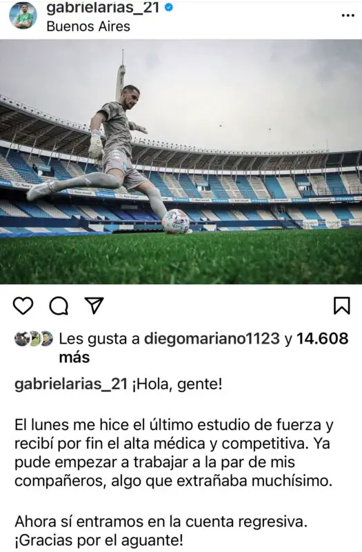 Racing Arias mensaje lesión