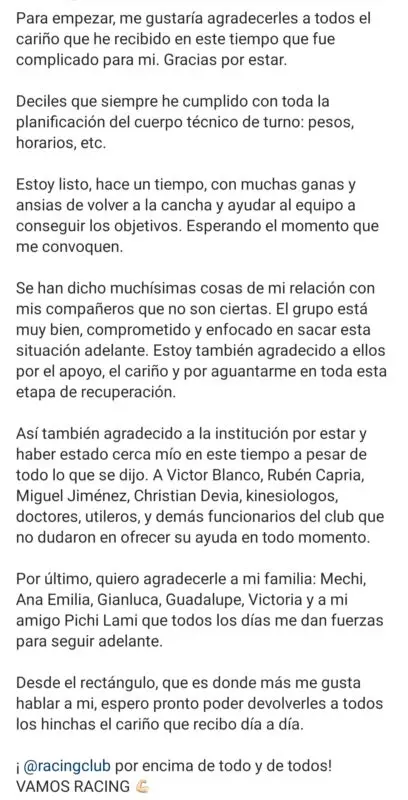 Mensaje de Vecchio en Racing