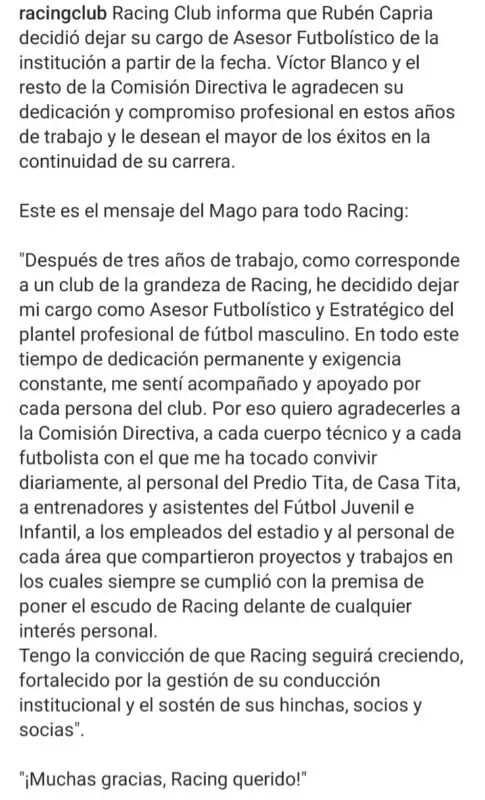 Racing Capria mensaje despedida