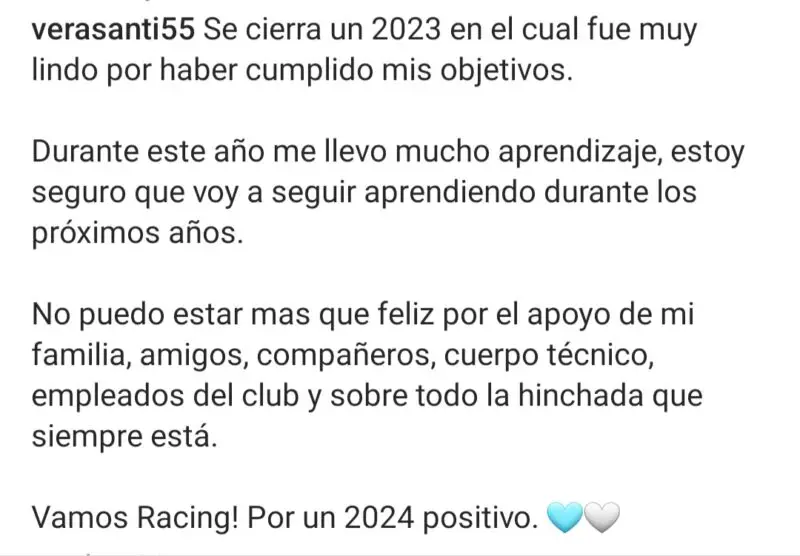 Racing Santino Vera mensaje