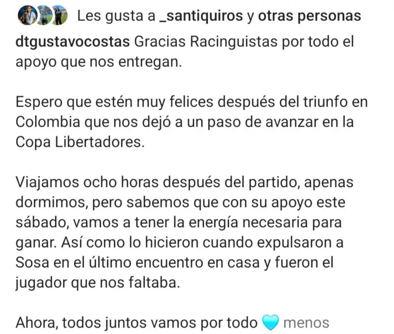 Racing Costas mensaje Platense