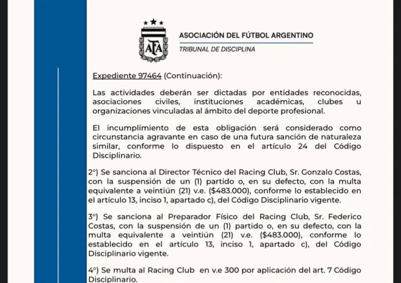 Racing Costas sanción