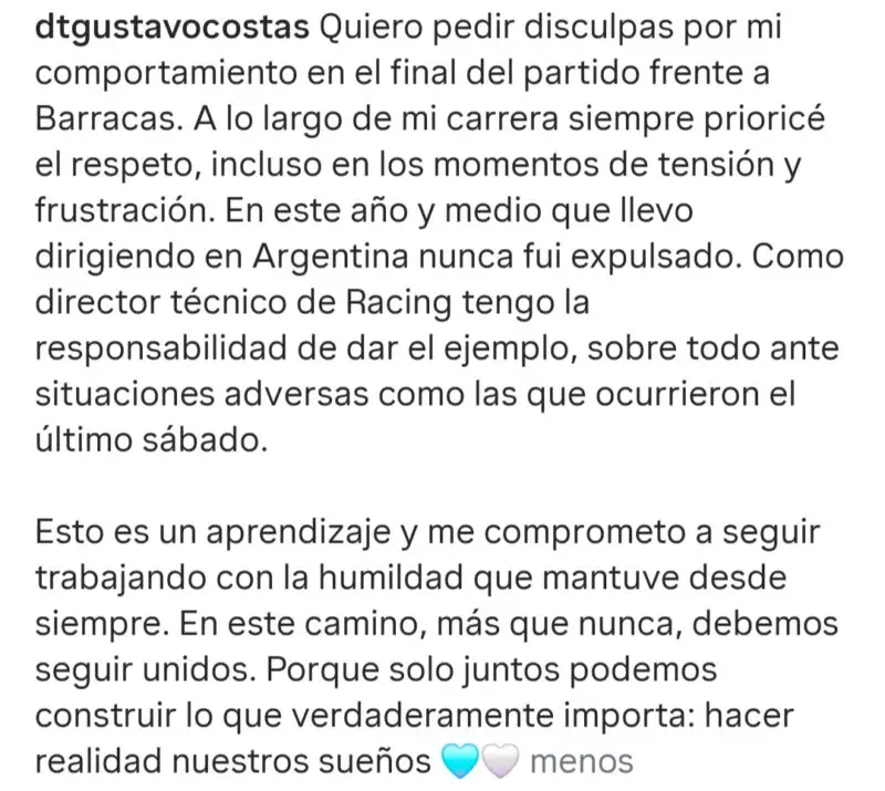 Racing Costas disculpas