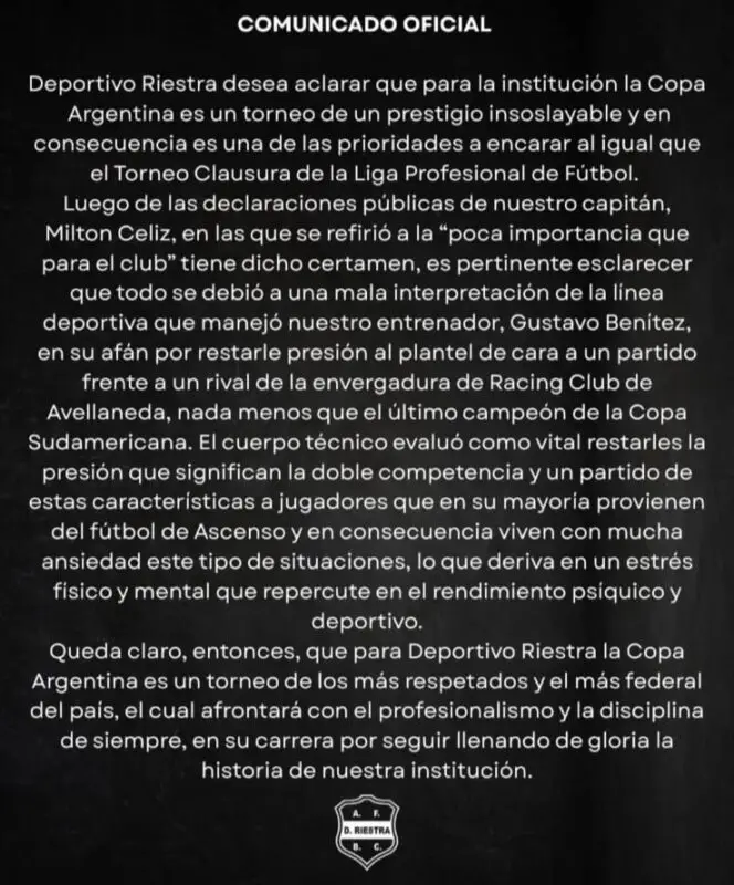 Racing Riestra comunicado Céliz