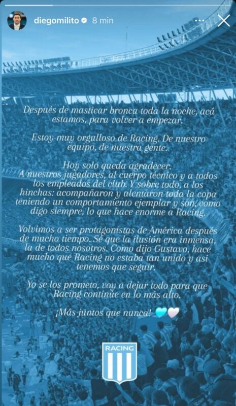 Milito en Racing mensaje