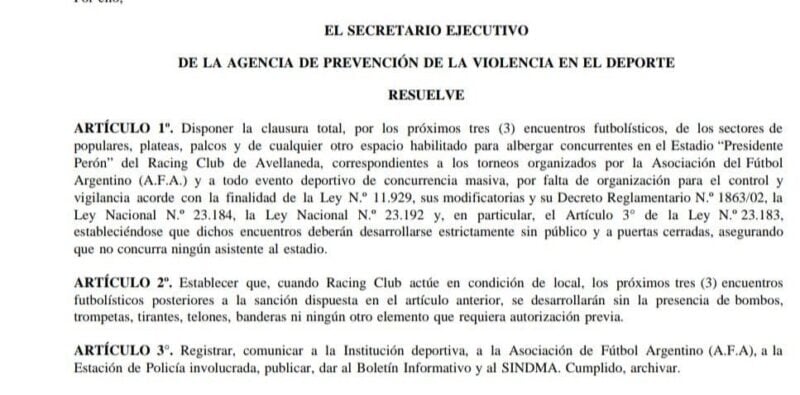 Aprevide sanción Racing