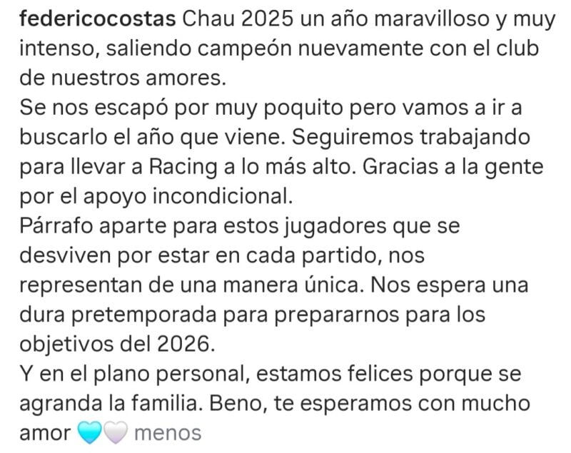 Federico Costas mensaje Racing 