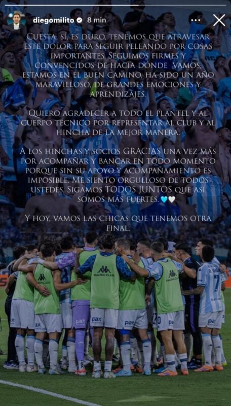 Mensaje de Diego Milito a Racing