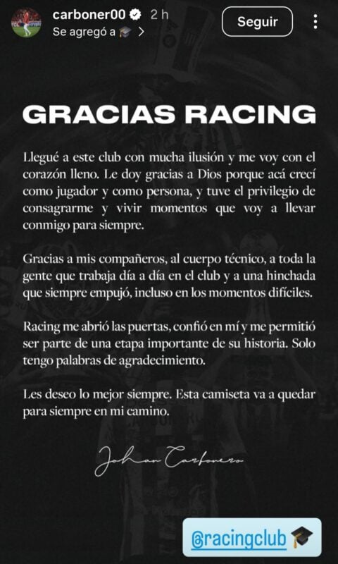 Carbonero despedida Racing