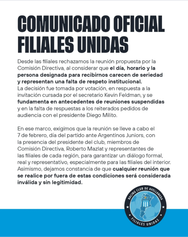 Duro comunicado de las filiales a Milito y a Racing