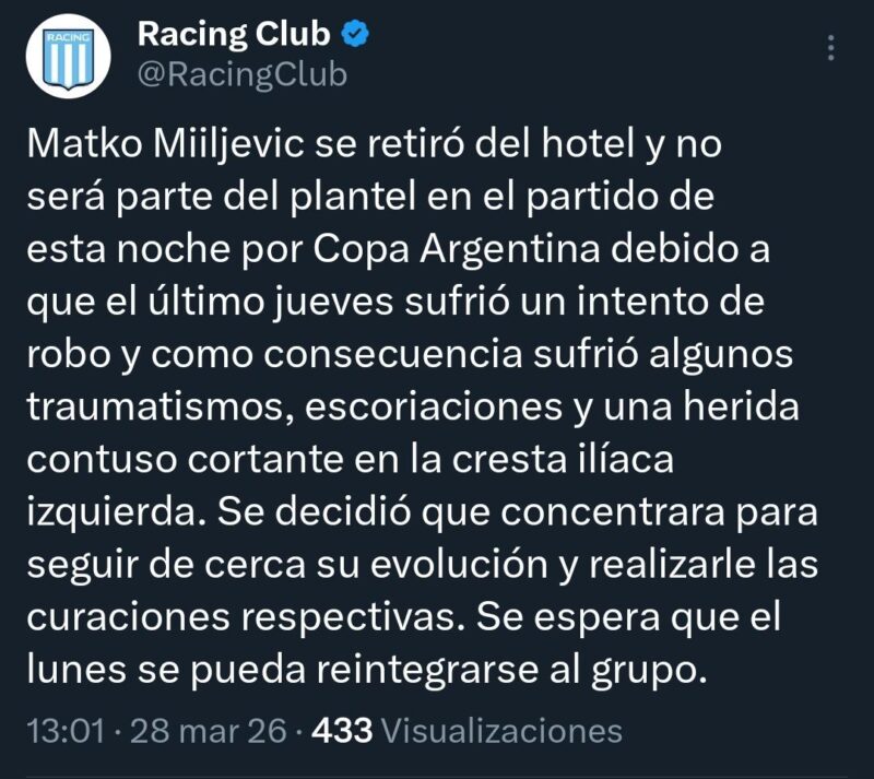 Miljevic robo Racing Copa Argentina 
