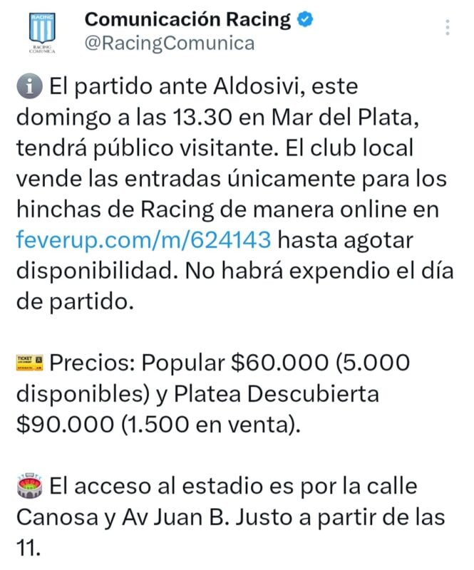 Racing Aldosivi entradas