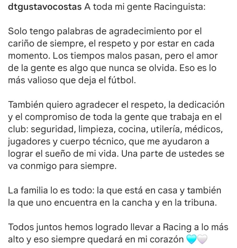 Costas mensaje Racing