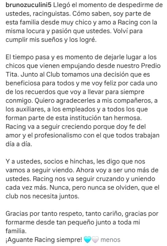 Zuculini Racing despedida